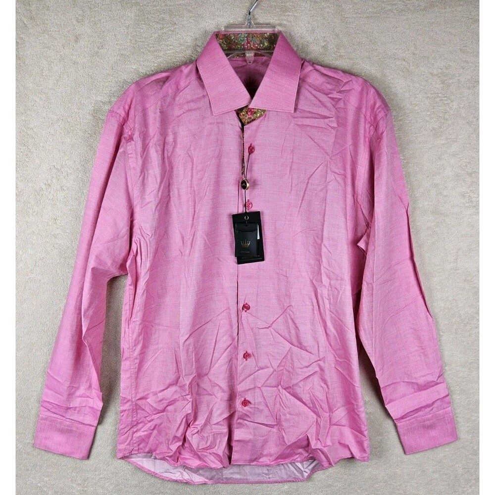 Bertigo Men's Long Sleeve Button Front Pink Floral Trim Shirt Size M